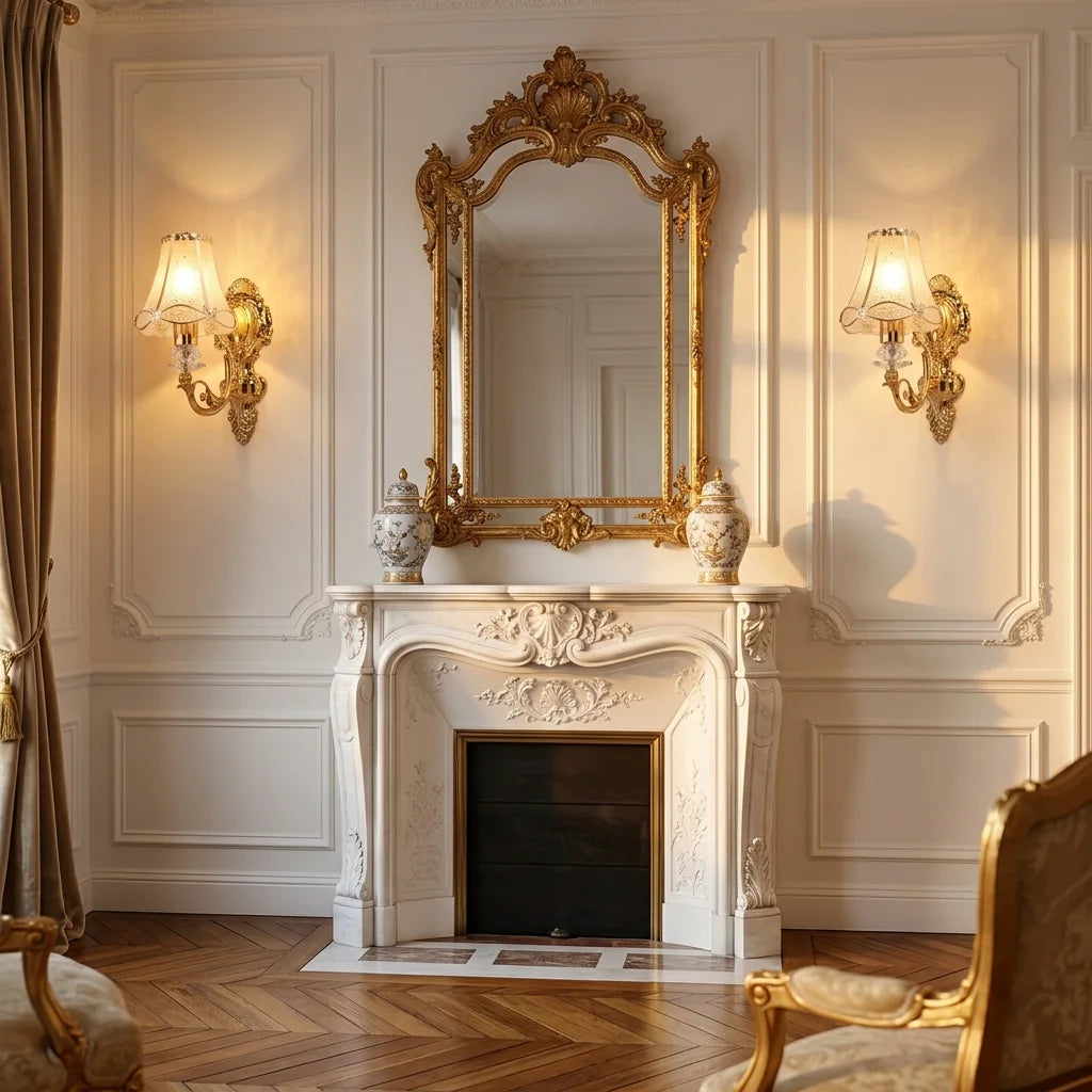 Deux appliques baroques dorées encadrant un miroir au-dessus d'une cheminée