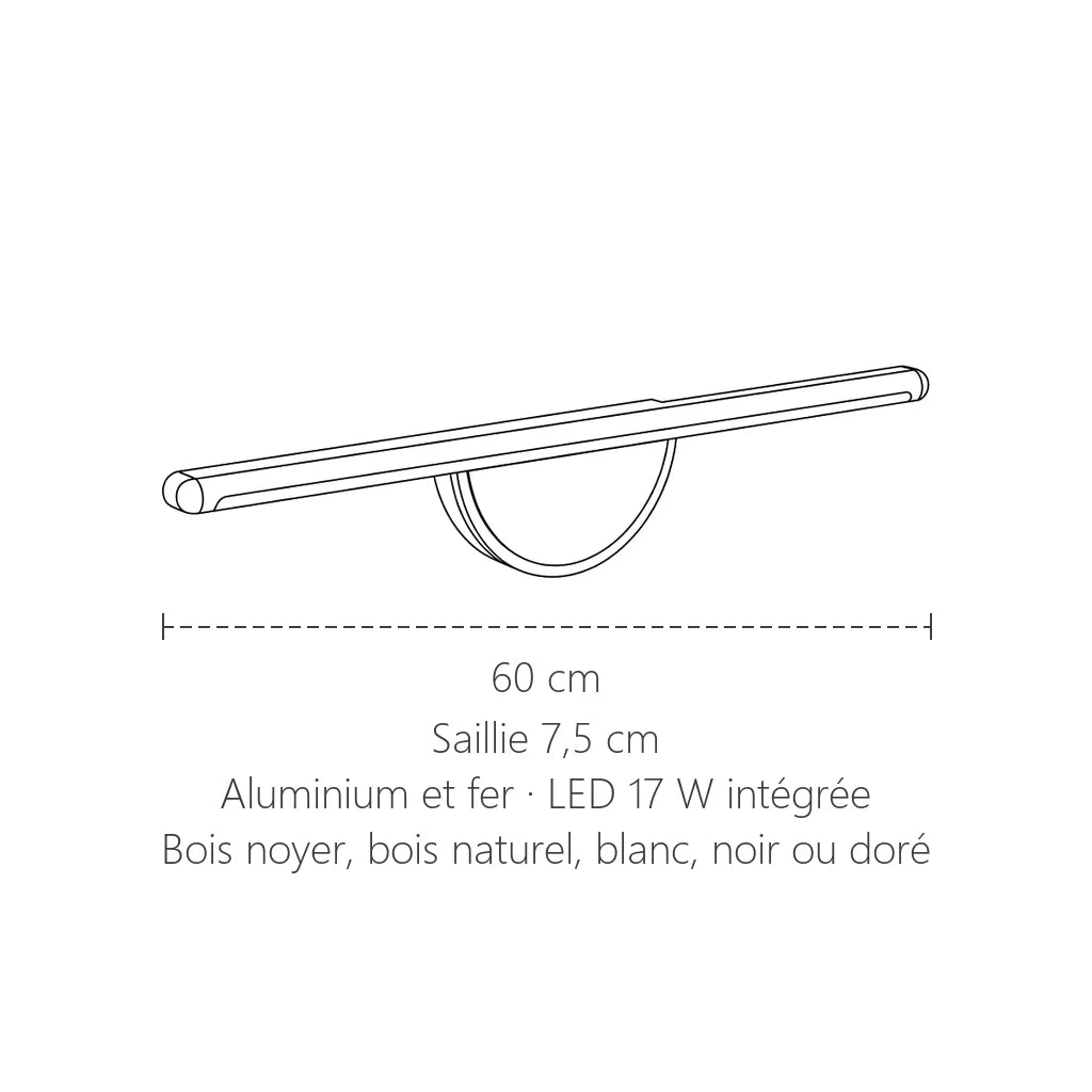 Dimensions de l'applique barre demi-lune : 60 cm de long, 7,5 cm de saillie