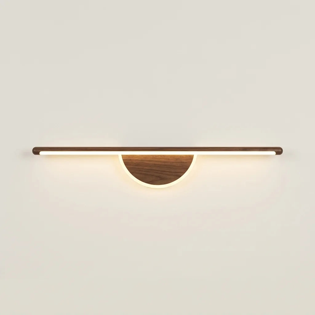 Applique murale barre LED 60 cm et demi-lune noyer, allumée