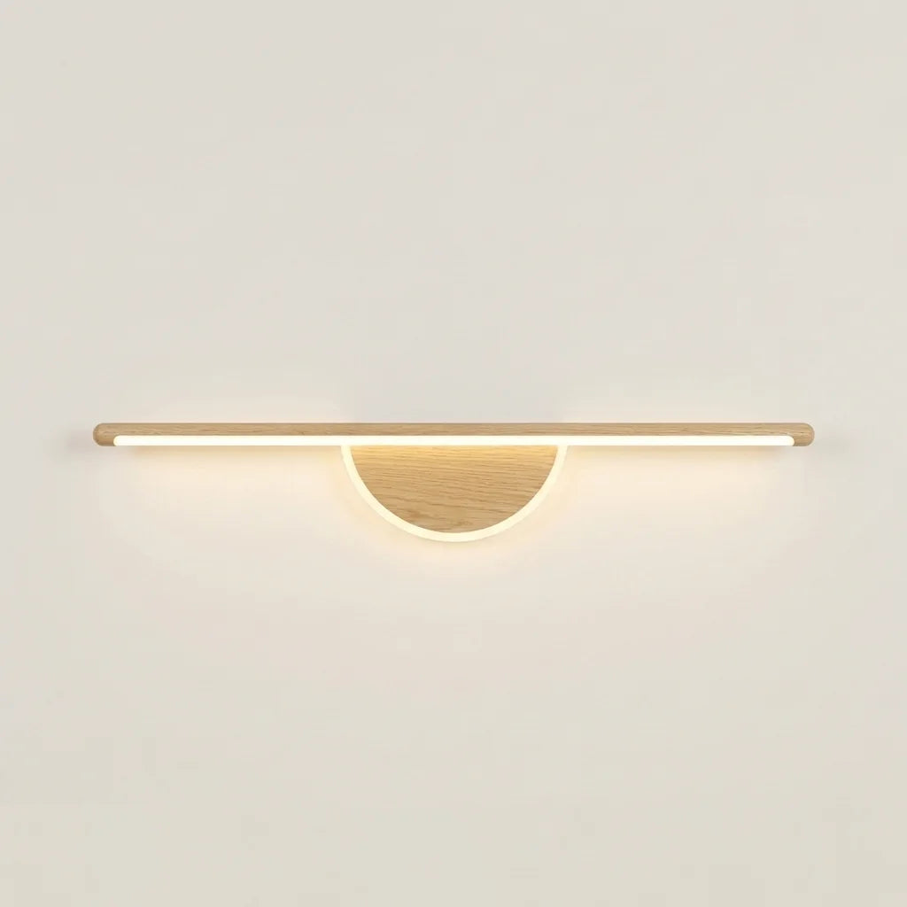 Applique murale barre LED 60 cm et demi-lune bois naturel, allumée