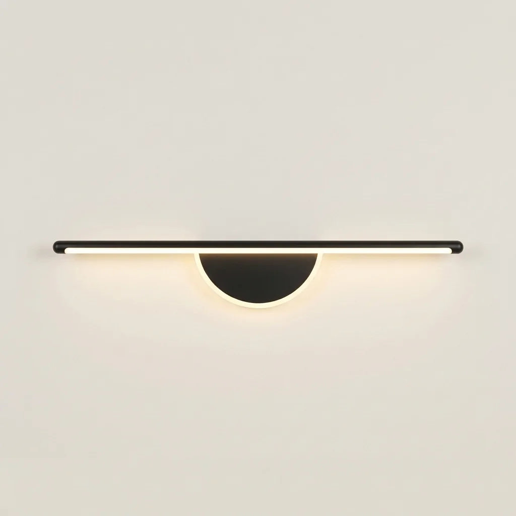 Applique murale barre LED 60 cm et demi-lune noire, allumée