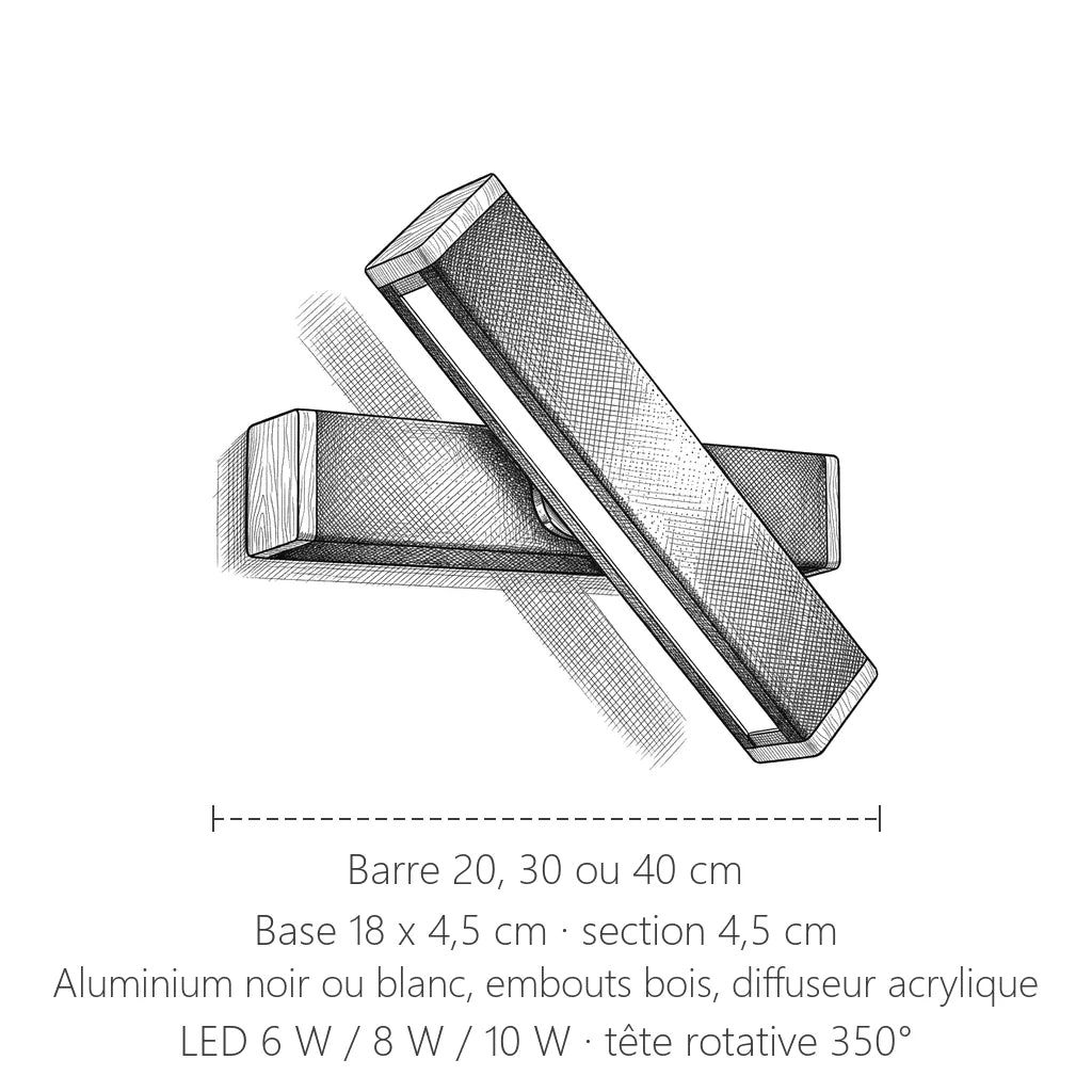 Dimensions de l'applique barre LED rotative : 20, 30 ou 40 cm