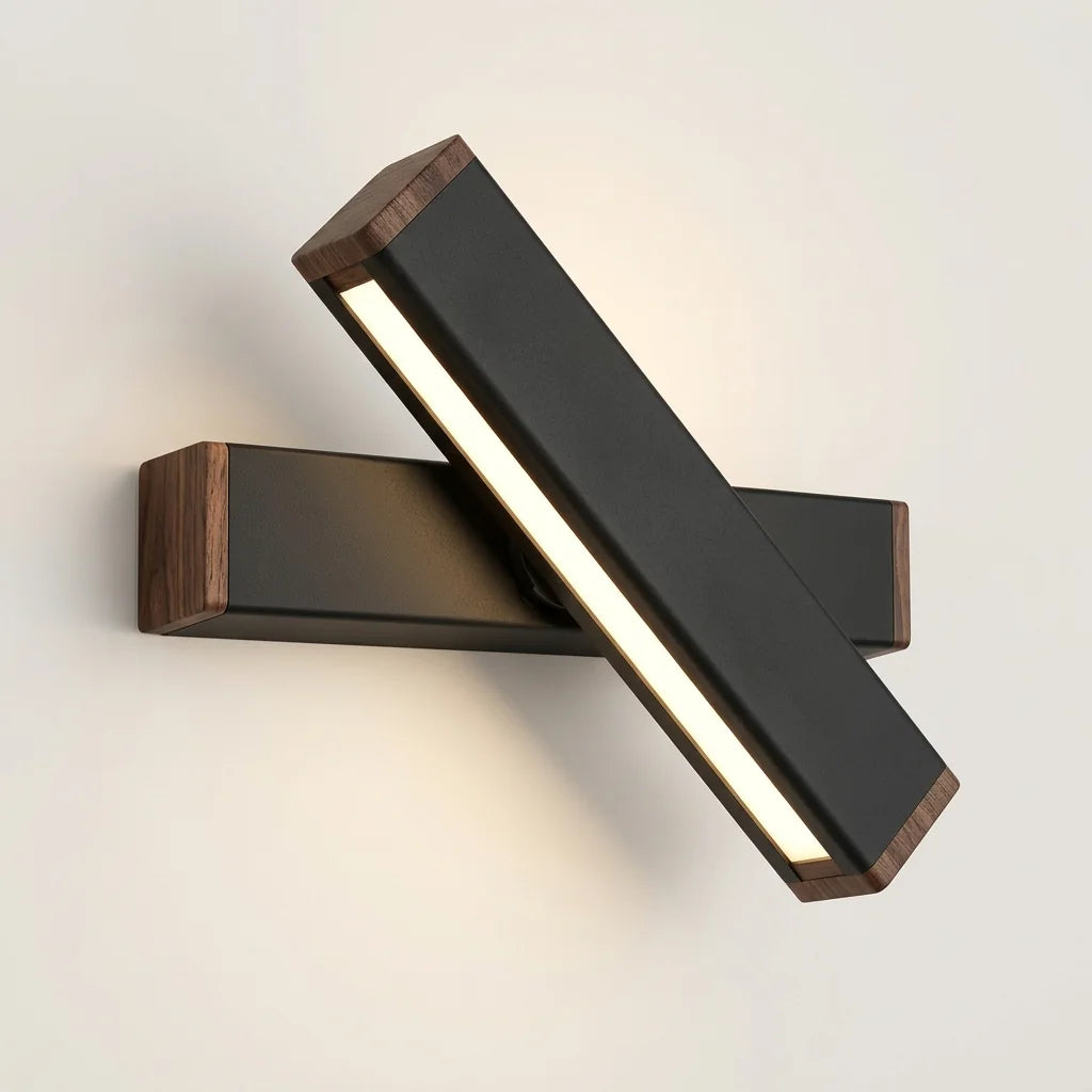 Applique murale barre LED rotative noire à embouts bois, allumée