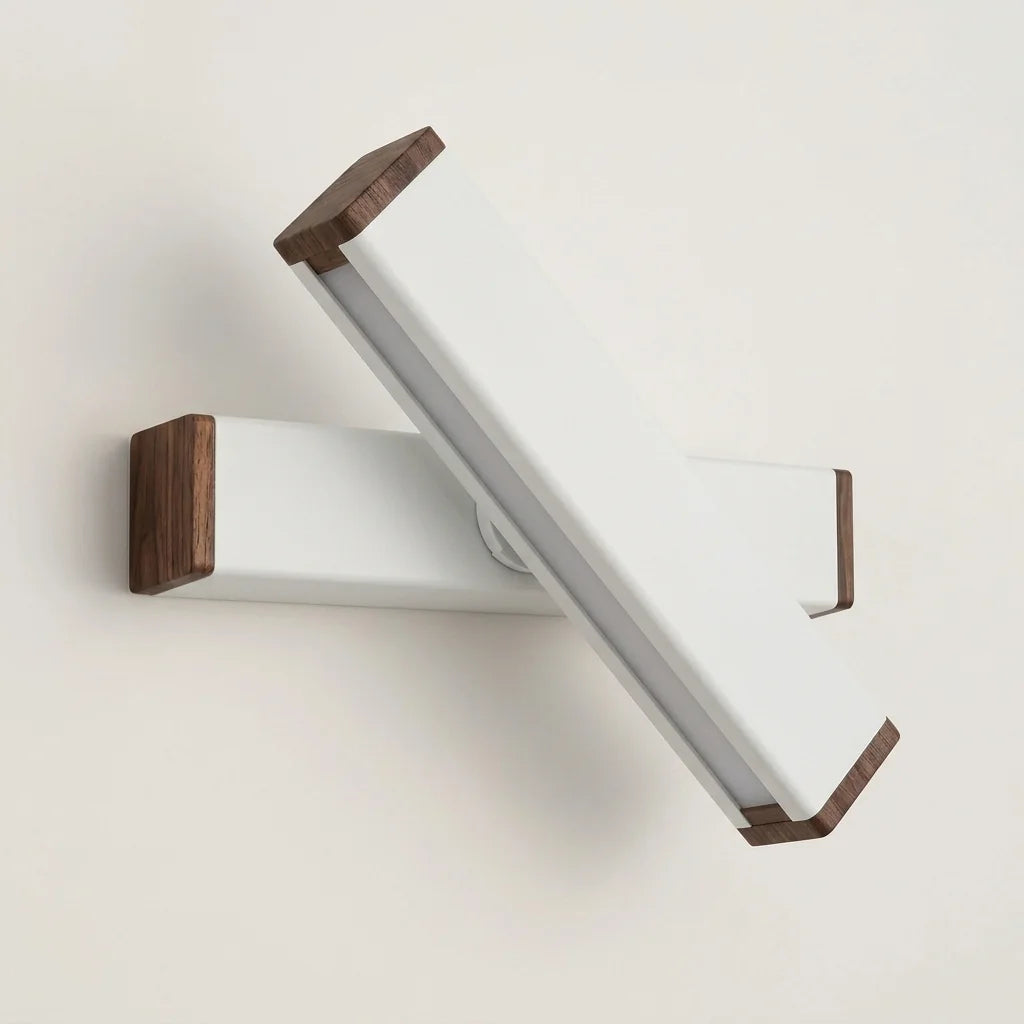 Applique murale barre LED rotative blanche à embouts bois