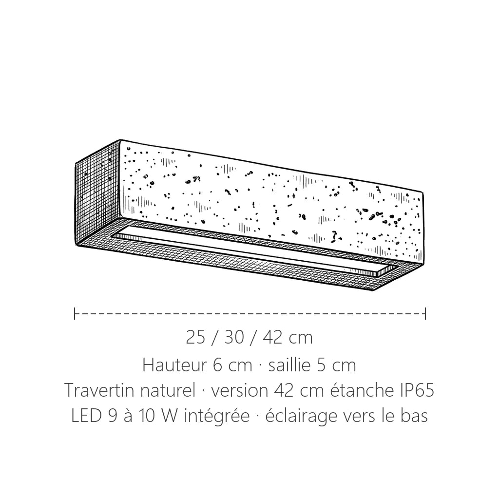 Dimensions de l'applique barre en travertin : 25, 30 ou 42 cm de long