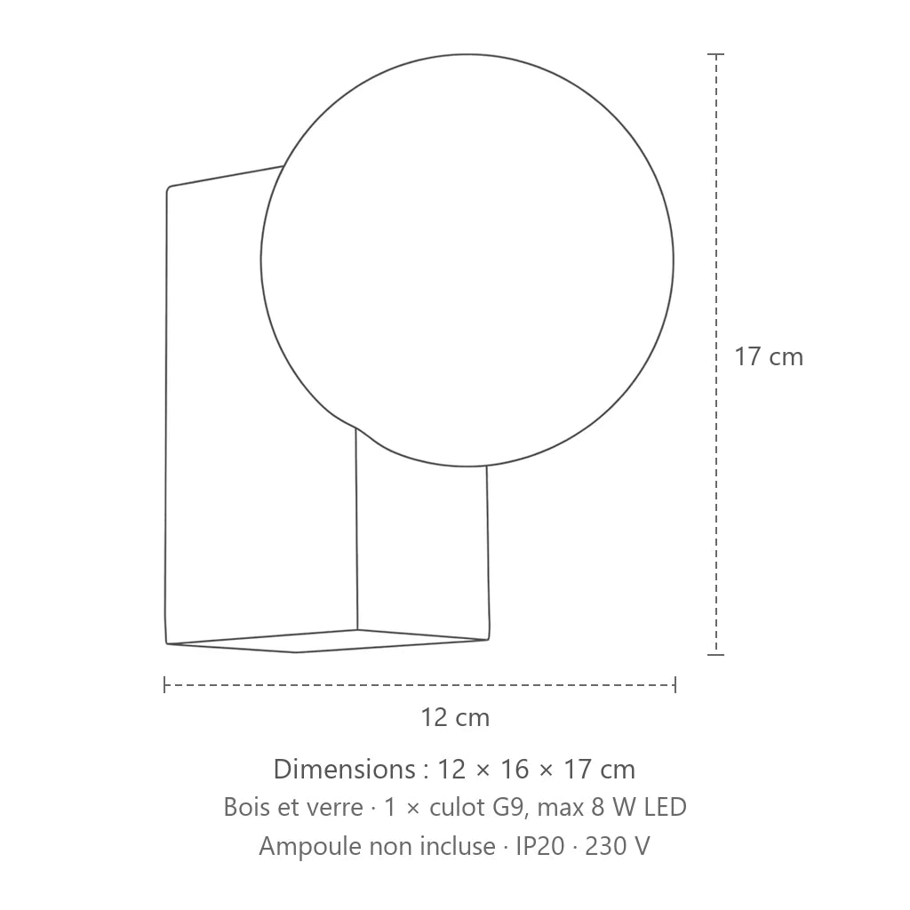 Dimensions : applique murale bois naturel et globe opalin, 12 × 16 × 17 cm