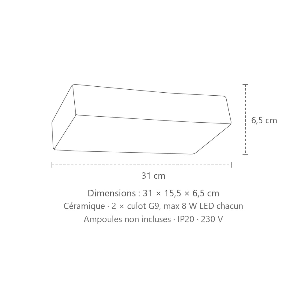 Dimensions : applique murale bloc céramique blanche, 31 × 15,5 × 6,5 cm