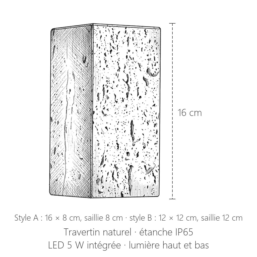 Dimensions de l'applique en travertin : 16 × 8 cm (A) ou 12 × 12 cm (B)