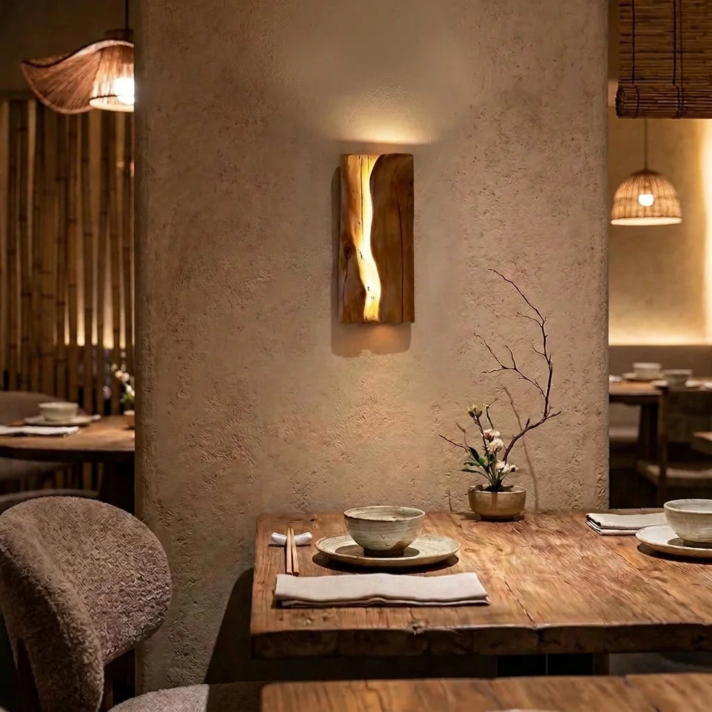 Applique en bois fendu sur un pilier enduit dans un restaurant japonais