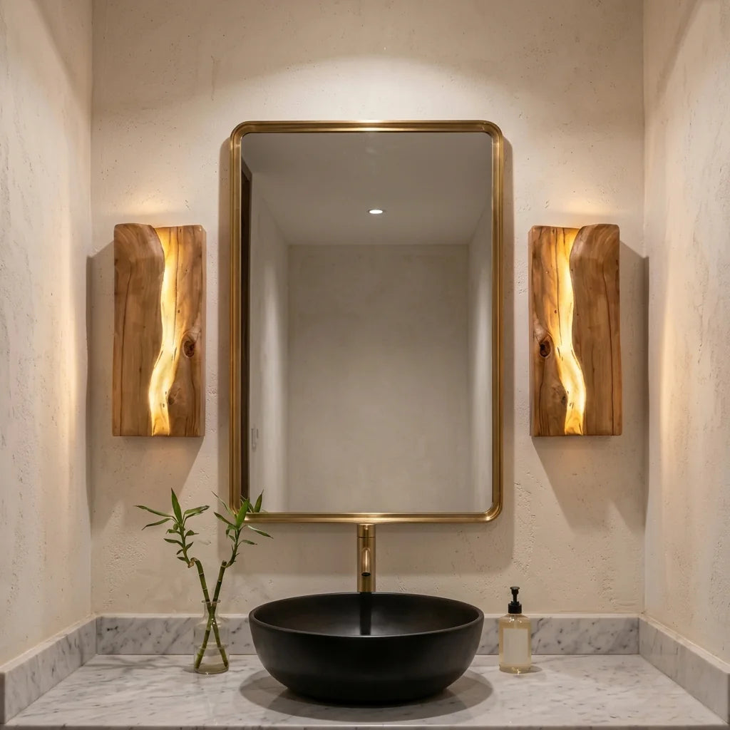 Deux appliques en bois fendu de part et d'autre d'un miroir doré