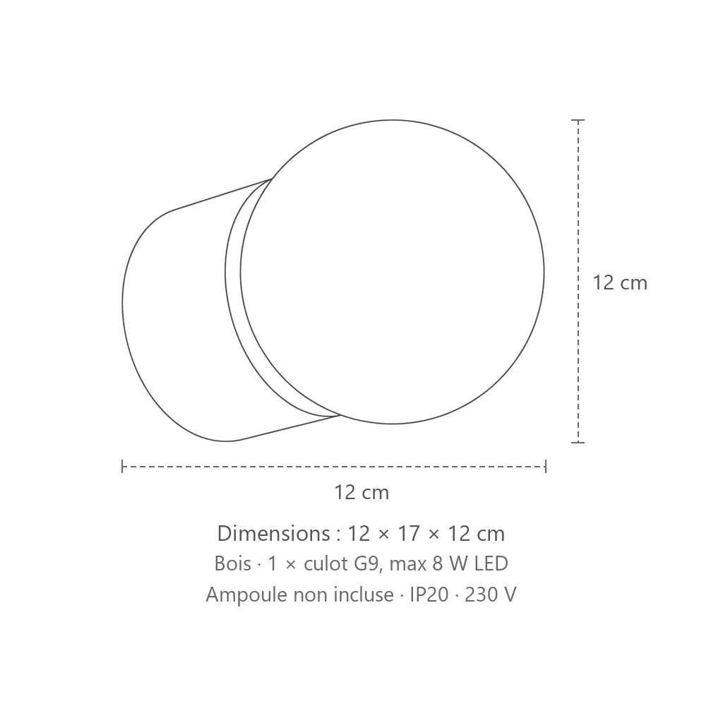 Dimensions : applique murale bois naturel et globe opalin, 12 × 17 × 12 cm