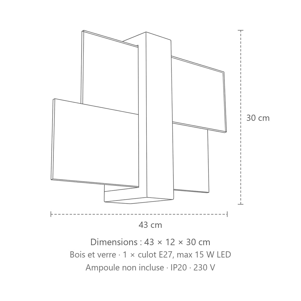 Dimensions : applique murale bois et verre dépoli, 43 × 12 × 30 cm