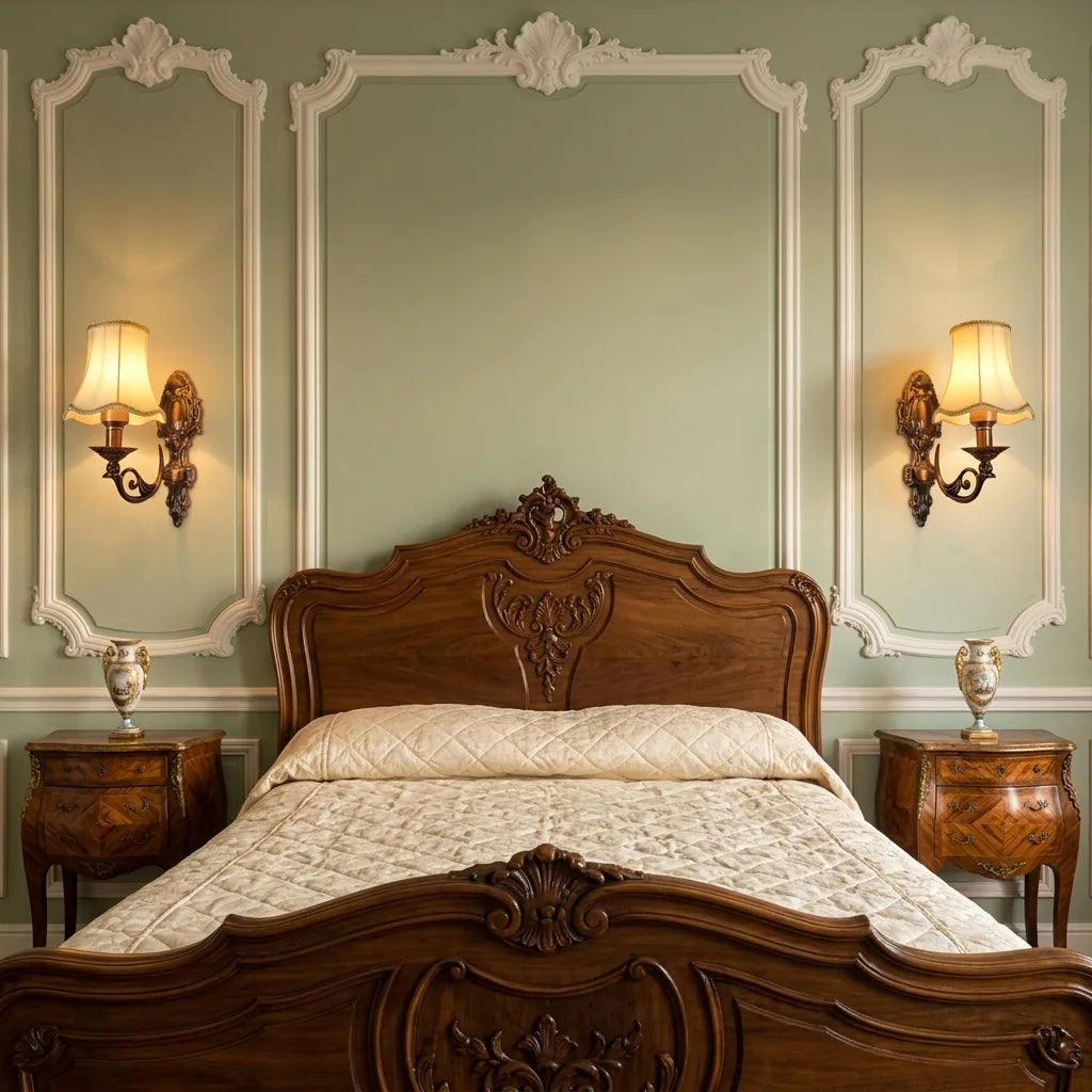 Deux appliques bougeoir à abat-jour tissu autour d'un lit Louis XV