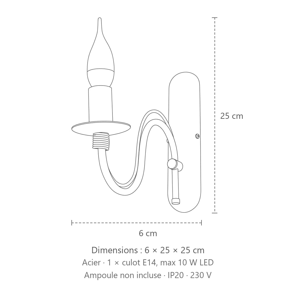 Dimensions : applique murale bougie classique en métal, 6 × 25 × 25 cm