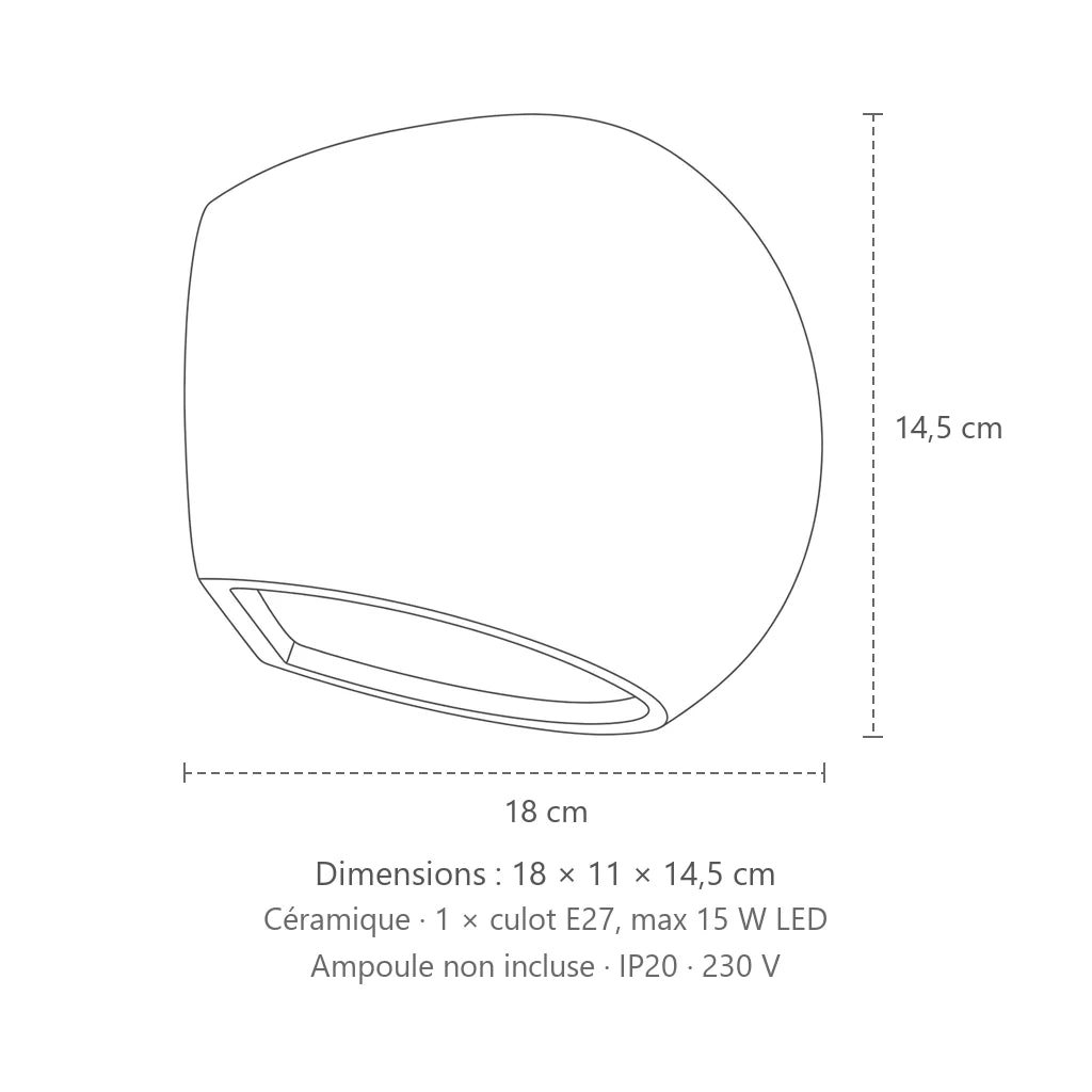 Dimensions : applique murale boule en céramique blanche, 18 × 11 × 14,5 cm
