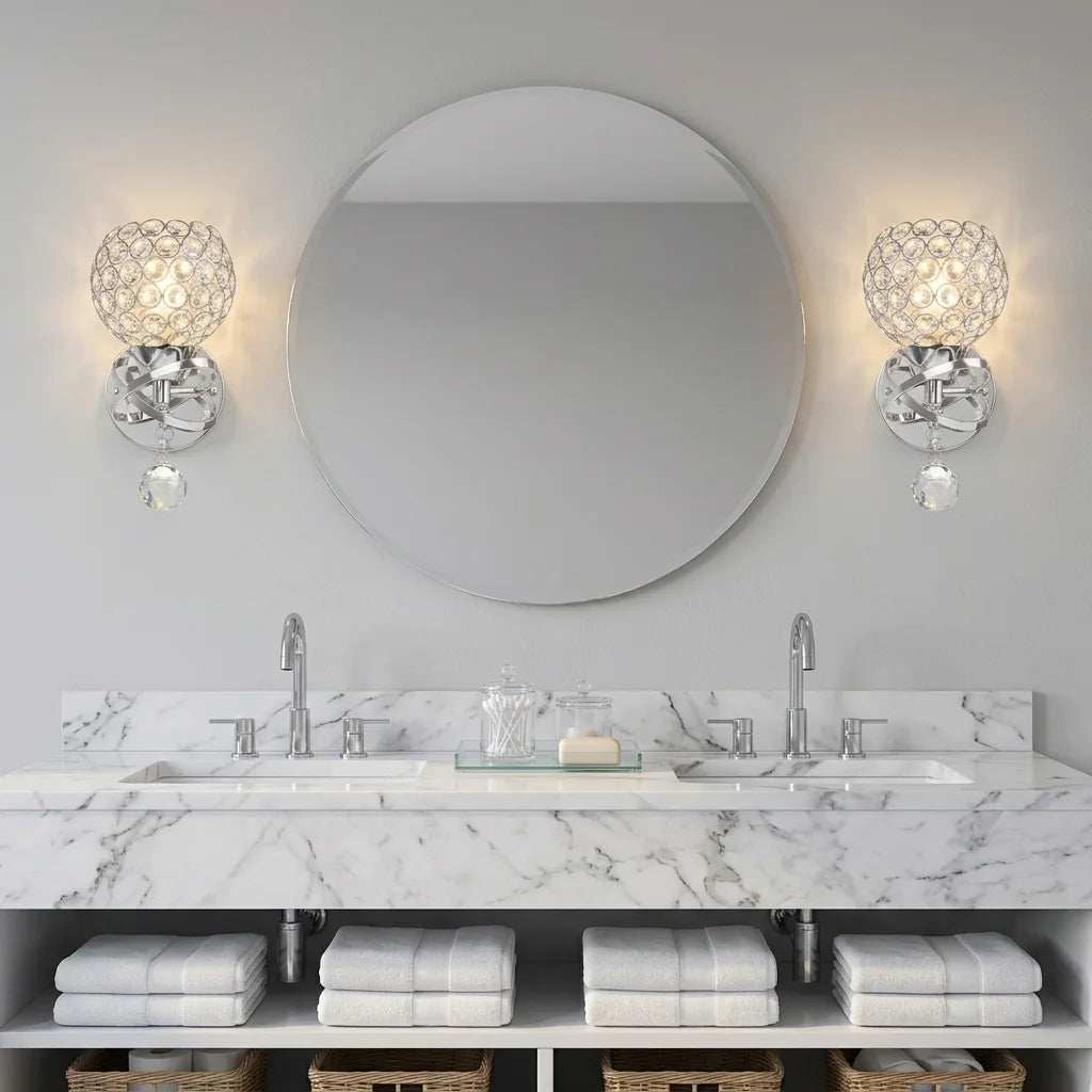 Deux appliques boule en cristal argent autour d'un miroir rond