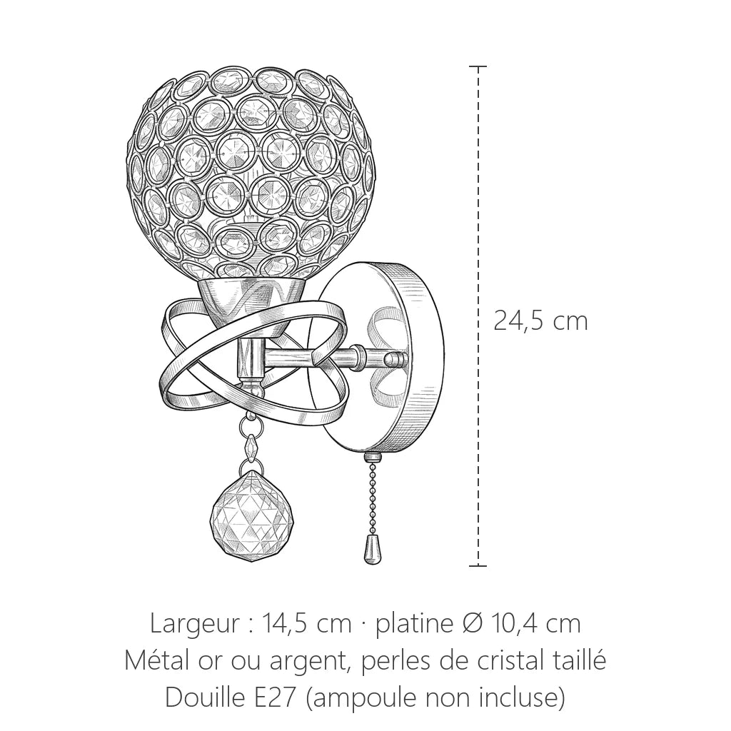 Dimensions de l'applique boule en cristal : 24,5 x 14,5 cm