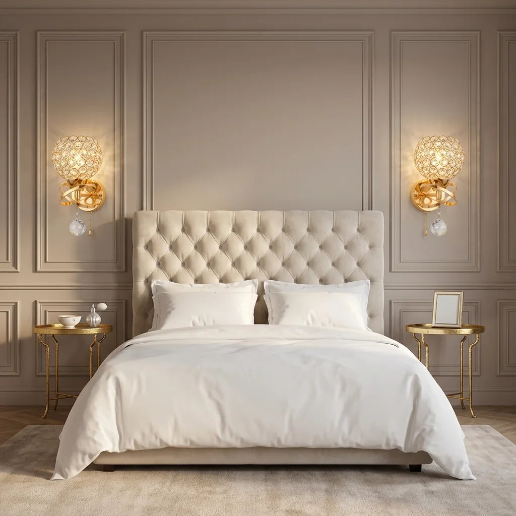 Deux appliques boule en cristal dorées autour d'une tête de lit capitonnée