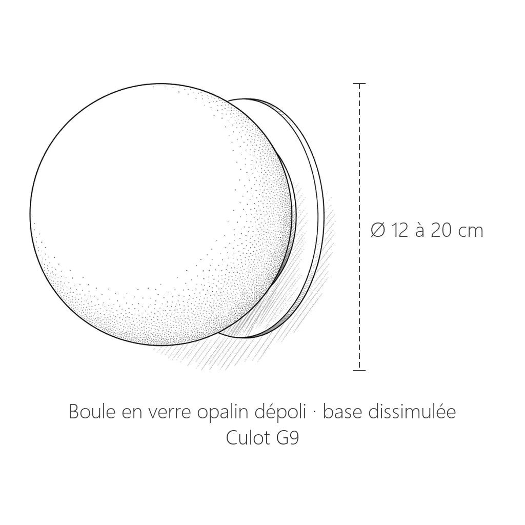 Dimensions de l'applique boule en verre opalin : Ø 12, 15, 18 ou 20 cm, culot G9