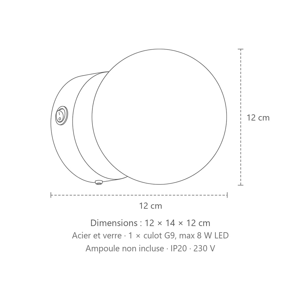 Dimensions : applique murale boule en verre opalin (Sans interrupteur), 12 × 14 × 12 cm