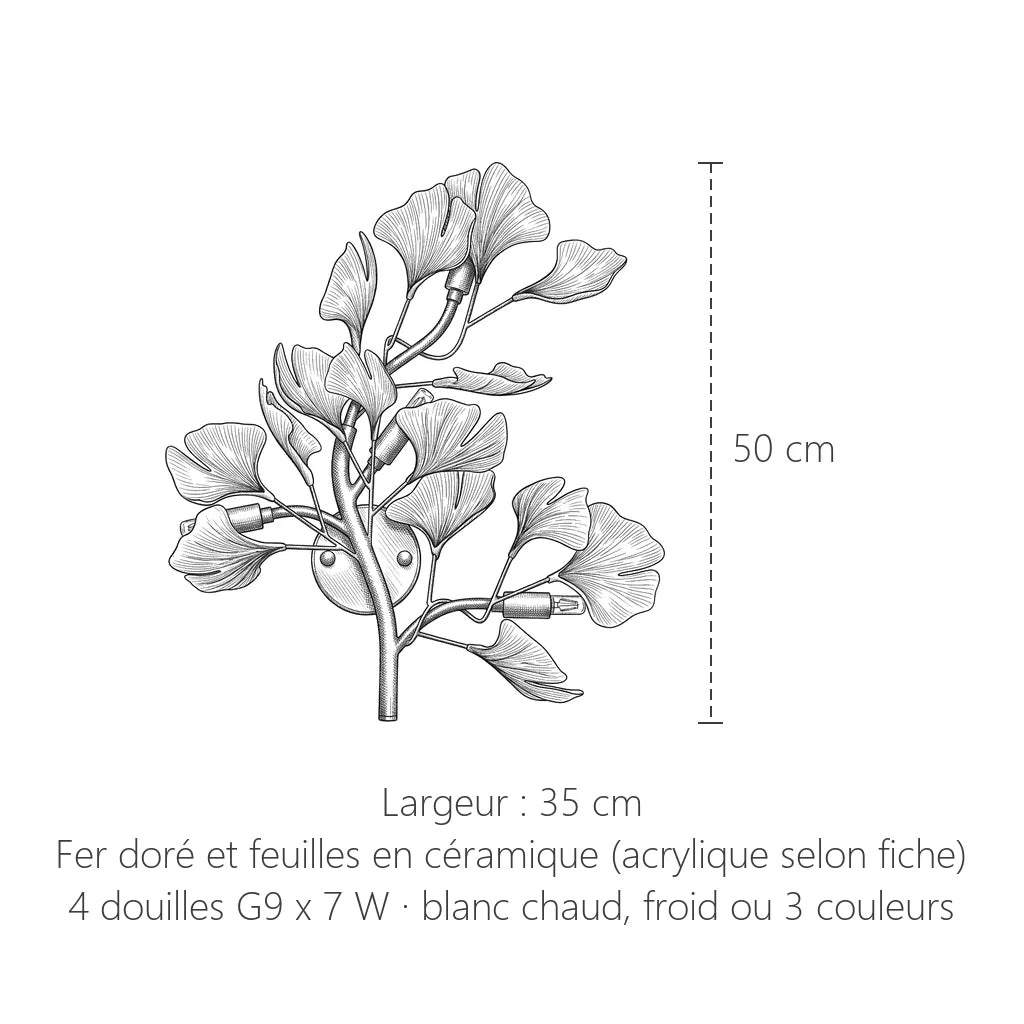 Dimensions de l'applique branche de ginkgo : 50 x 35 cm