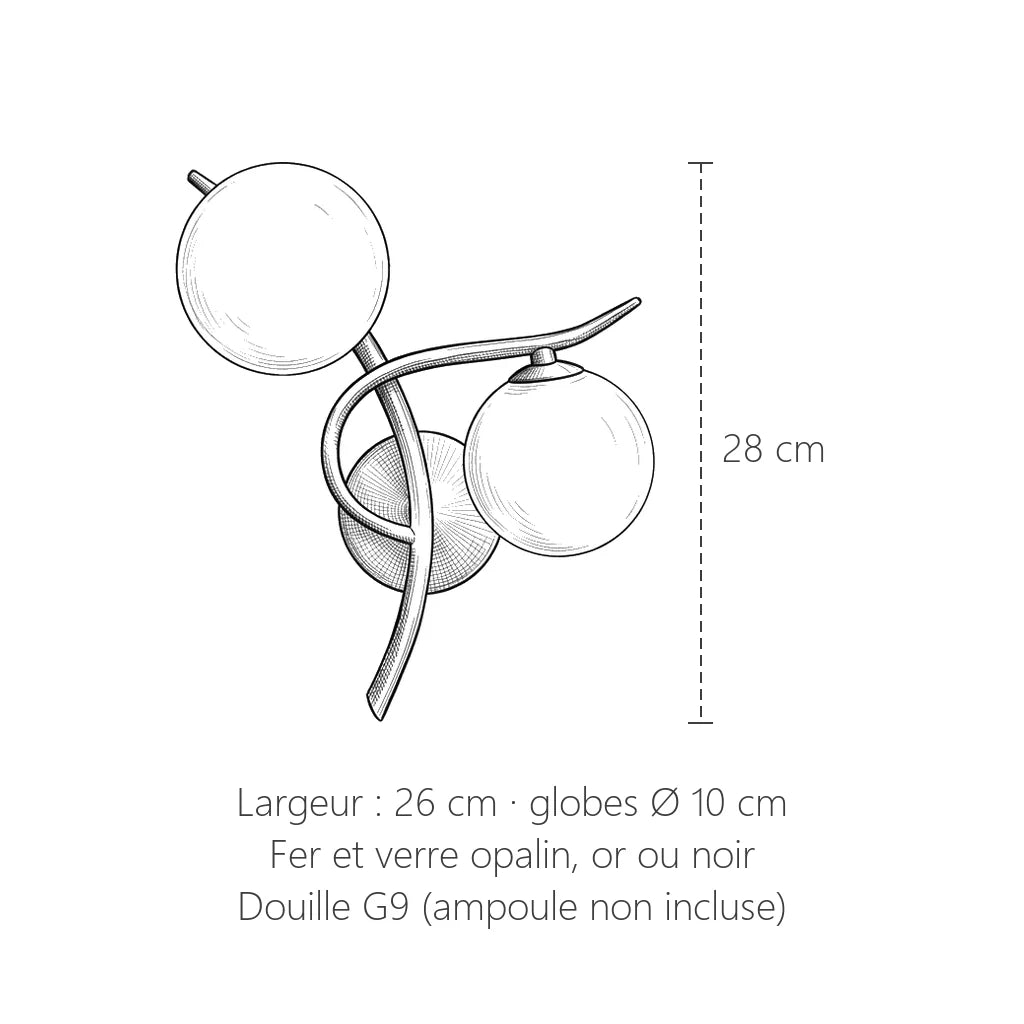 Dimensions de l'applique branches et deux globes : 28 x 26 cm