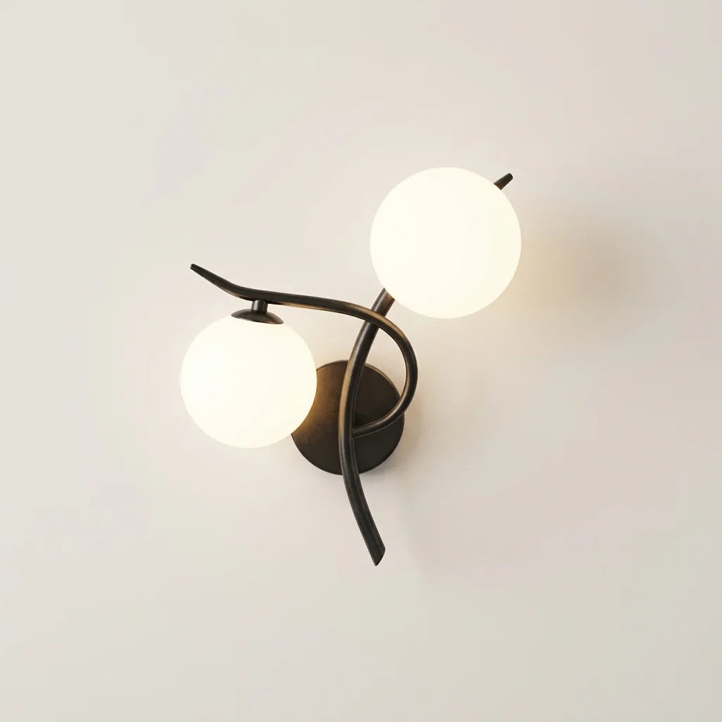 Applique murale branches noires et deux globes, orientation gauche