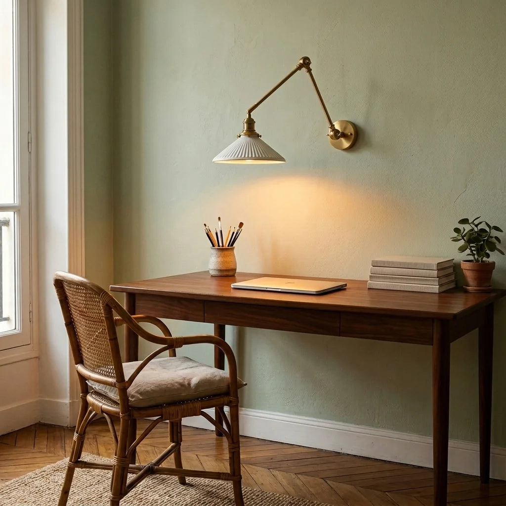 Applique à bras articulé au-dessus d'un bureau en noyer, mur vert sauge