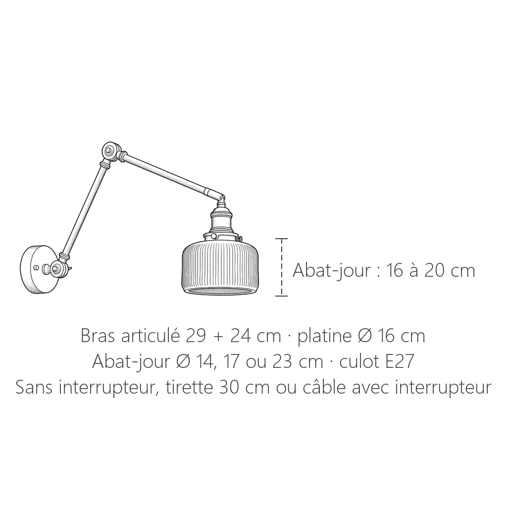 Dimensions de l'applique à bras articulé : bras de 29 et 24 cm