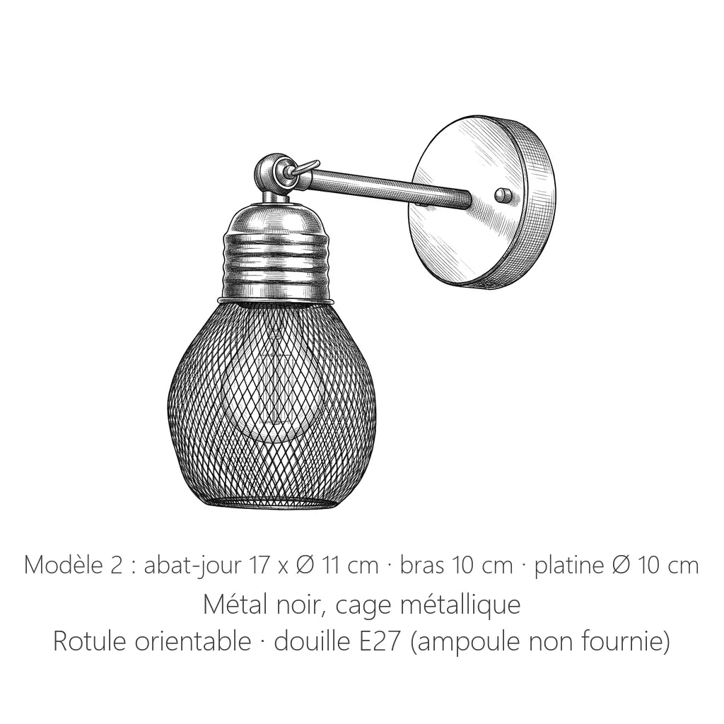 Dimensions de l'applique bras noir modèle 2 : abat-jour 17 x Ø 11 cm · bras 10 cm · platine Ø 10 cm