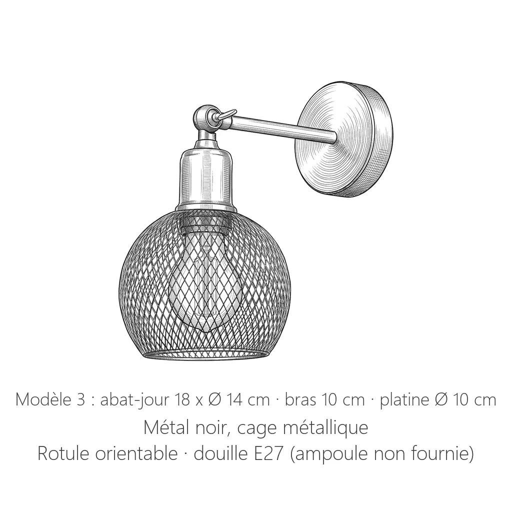 Dimensions de l'applique bras noir modèle 3 : abat-jour 18 x Ø 14 cm · bras 10 cm · platine Ø 10 cm