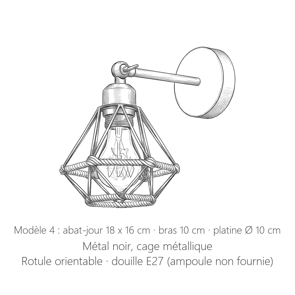 Dimensions de l'applique bras noir modèle 4 : abat-jour 18 x 16 cm · bras 10 cm · platine Ø 10 cm