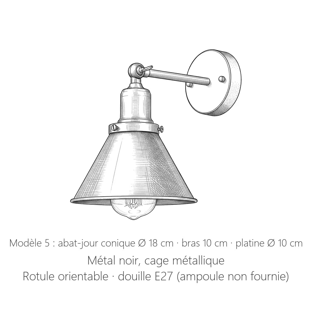 Dimensions de l'applique bras noir modèle 5 : abat-jour conique Ø 18 cm · bras 10 cm · platine Ø 10 cm