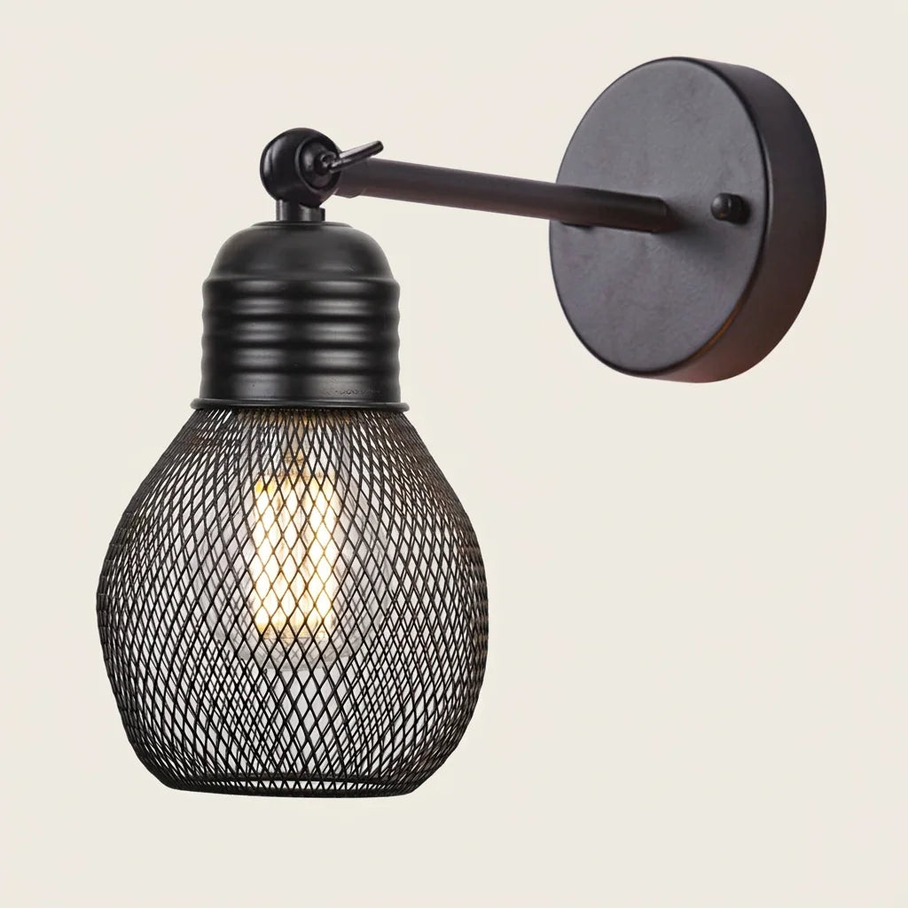 Applique murale à bras noir et abat-jour grillagé en forme d'ampoule, modèle 2