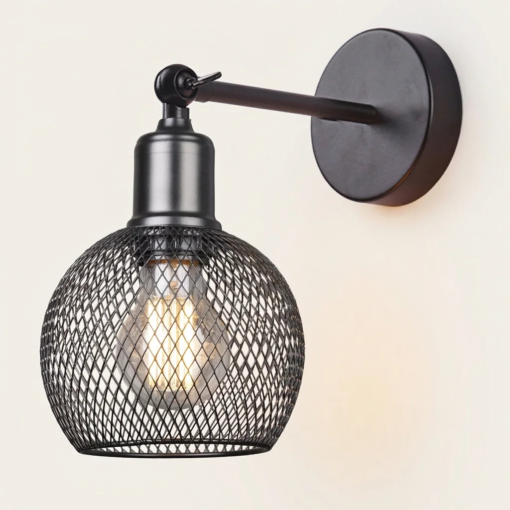 Applique murale à bras noir et globe grillagé, modèle 3