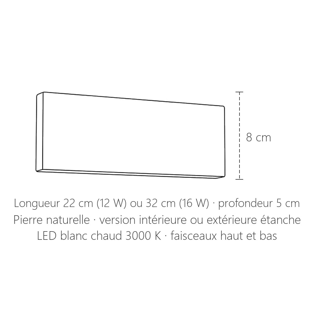 Dimensions de l'applique brique en travertin : 22 ou 32 cm de long, 8 cm de haut