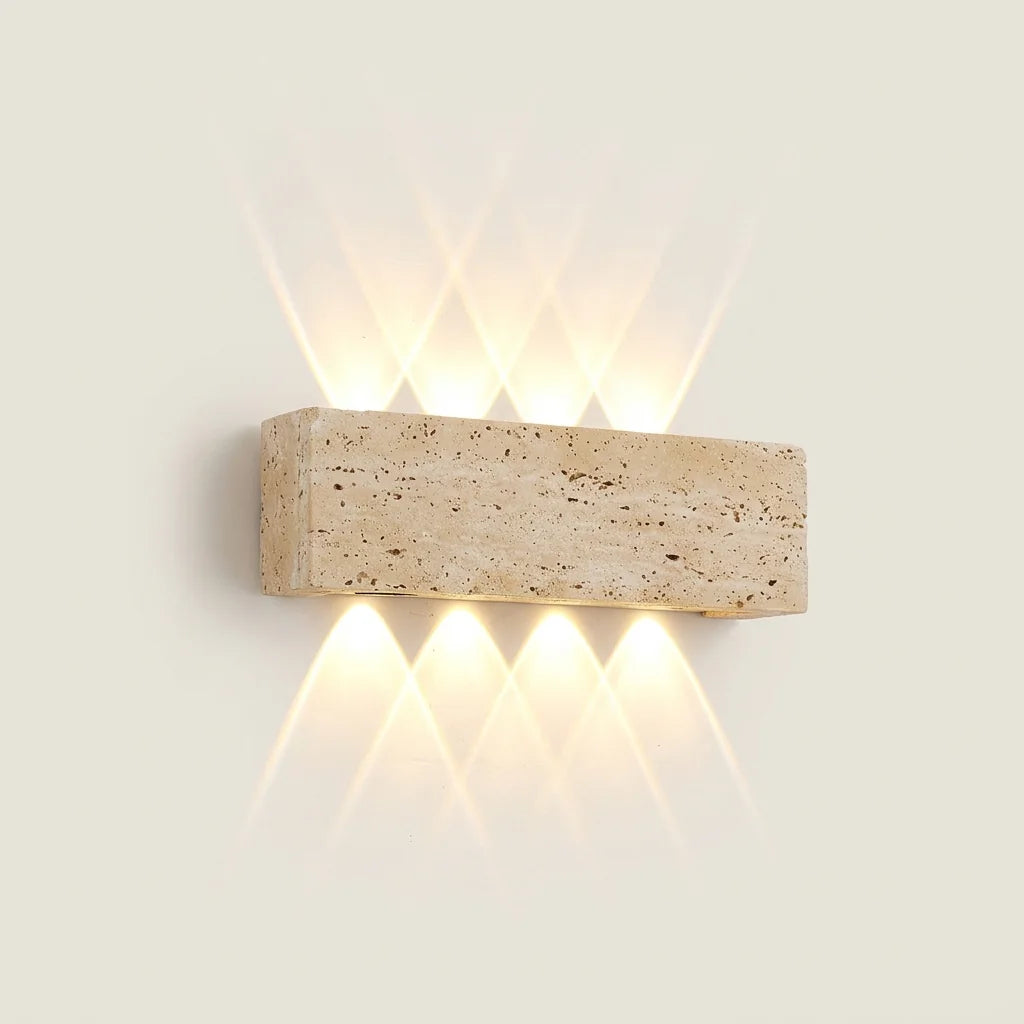 Applique murale brique en travertin 32 cm, faisceaux lumineux haut et bas