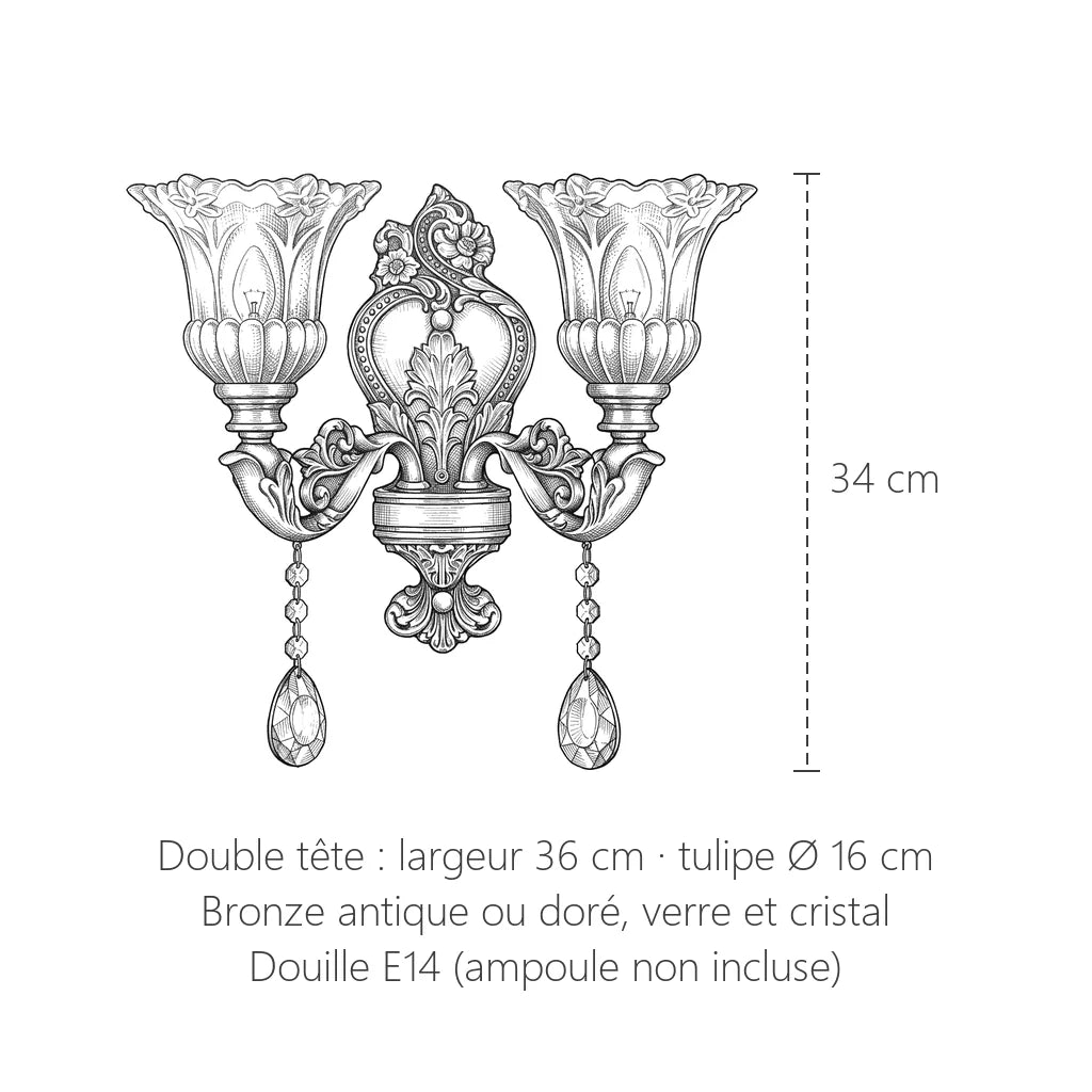 Dimensions de l'applique double bronze et cristal : 36 x 34 cm