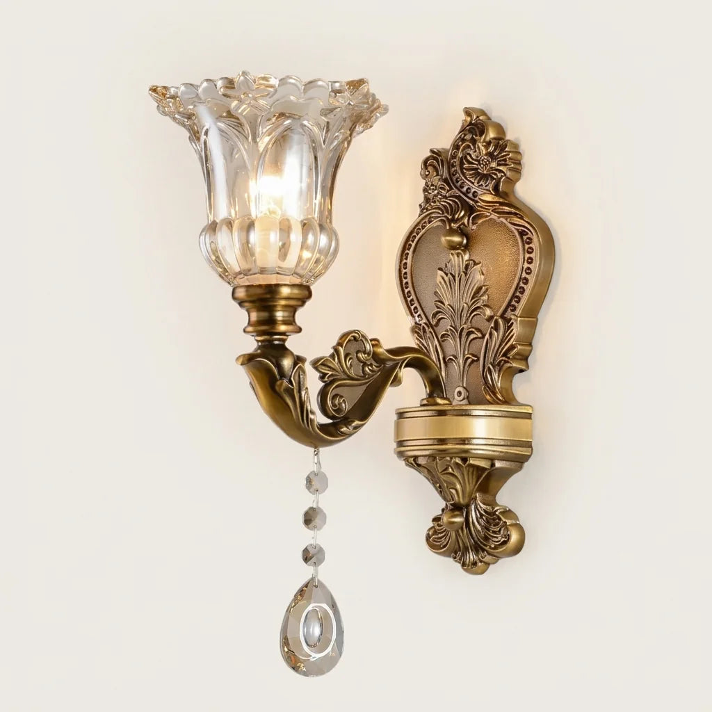 Applique murale bronze et tulipe en cristal, simple tête, modèle A, allumée