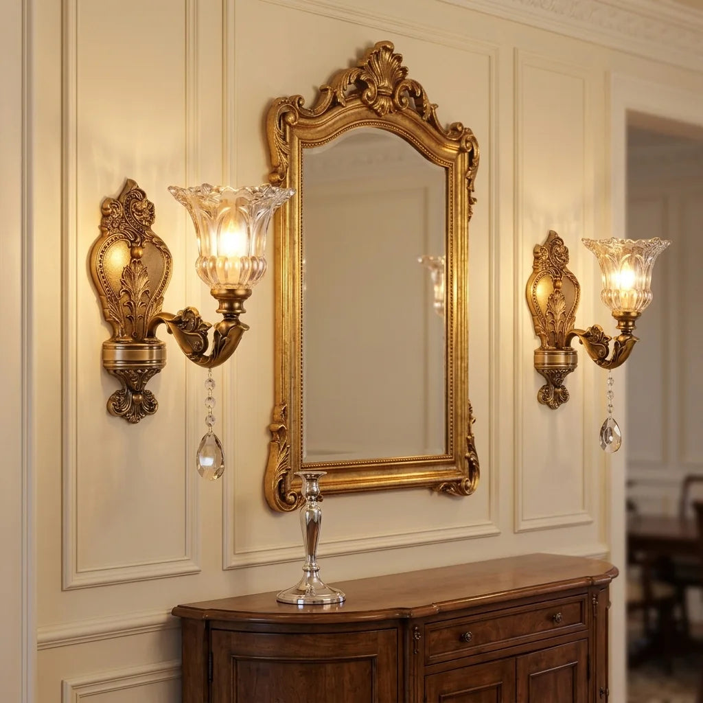 Deux appliques bronze et cristal encadrant un miroir doré