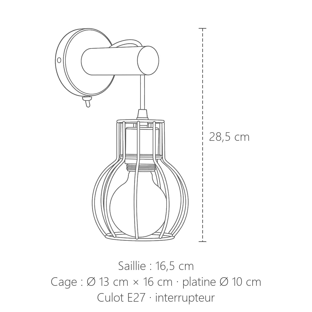 Dimensions de l'applique cage bois et métal : 28,5 cm de haut, 16,5 cm de saillie