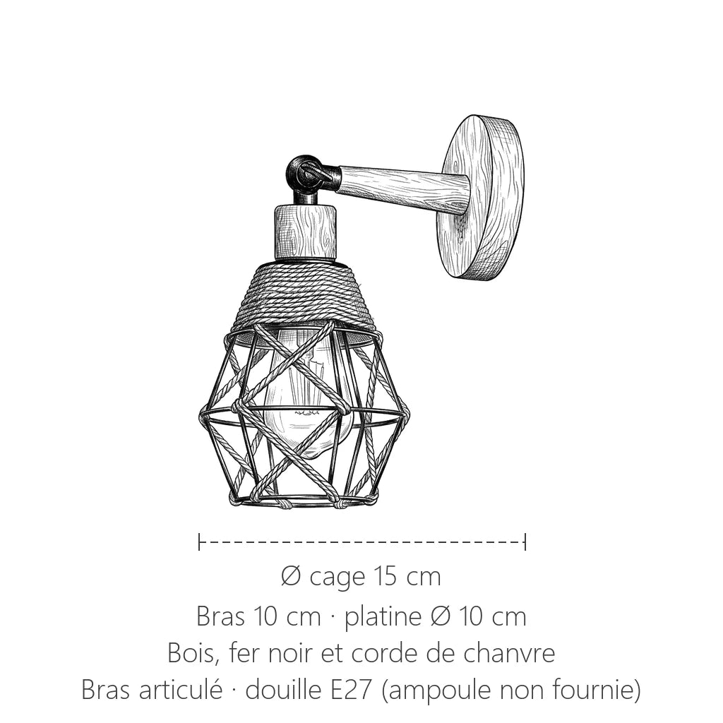 Dimensions de l'applique cage en corde de chanvre : Ø 15 cm