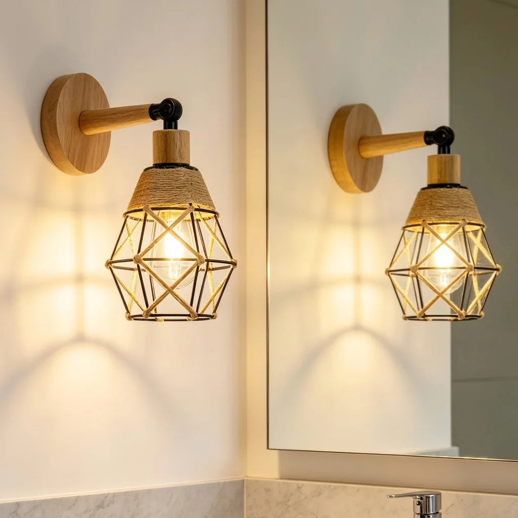 Applique cage en corde de chanvre près d'un miroir de salle de bain