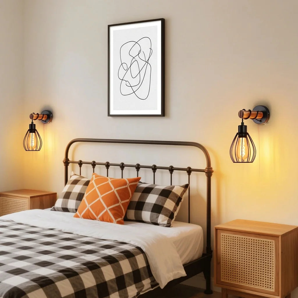 Deux appliques cage en fer et bois de part et d'autre d'un lit en fer forgé