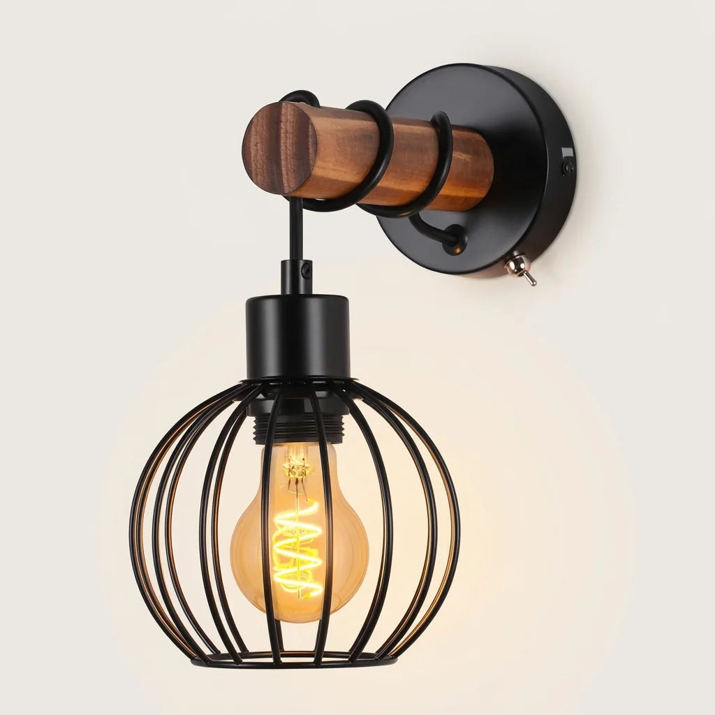 Applique murale cage en fer boule et bras en bois brûlé, modèle B