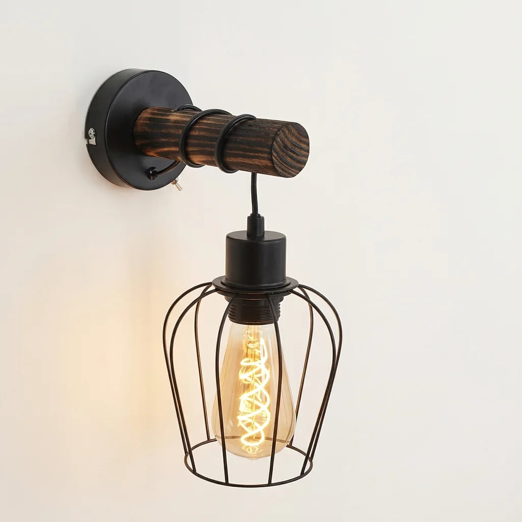 Applique murale cage en fer tulipe et bras en bois brûlé, modèle C