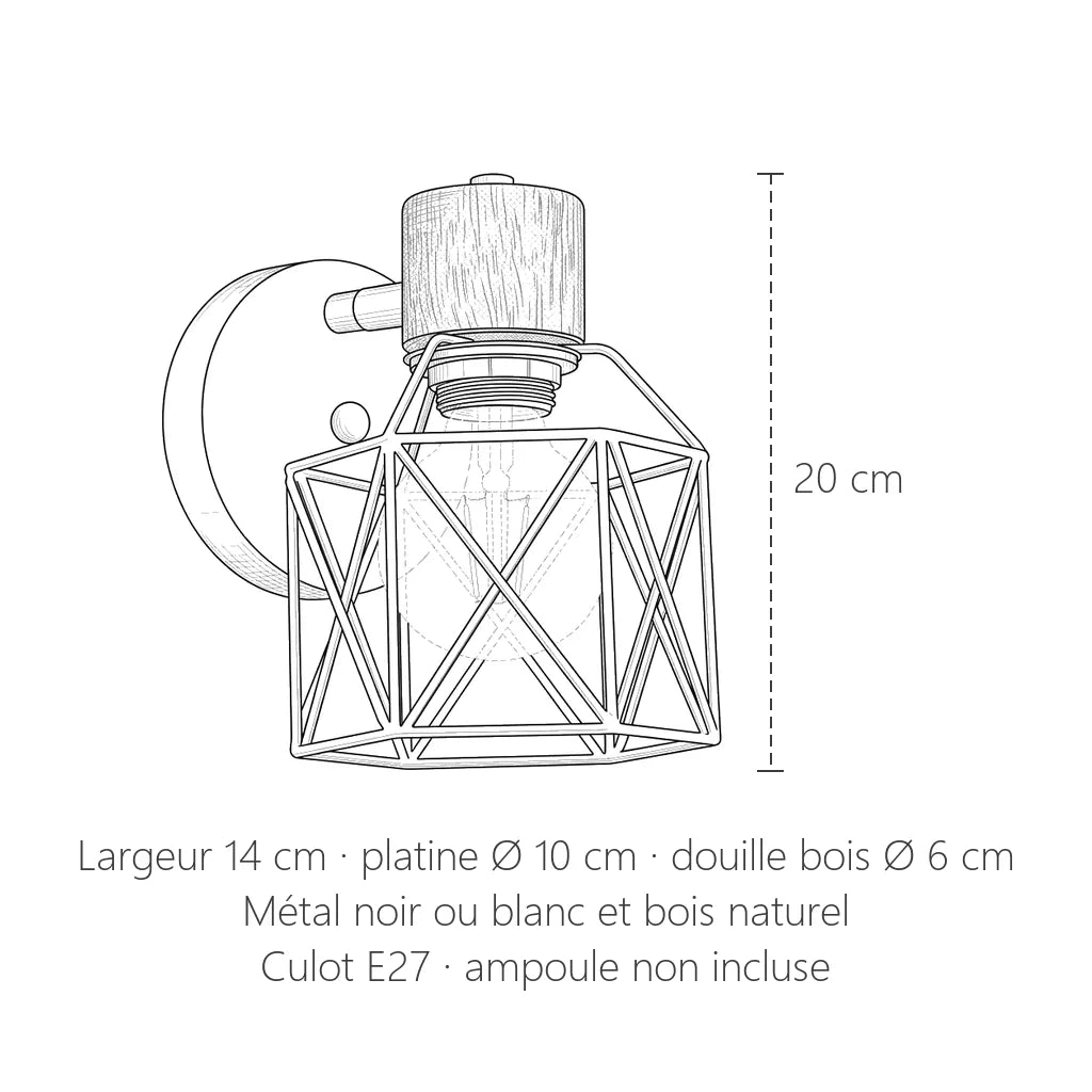 Dimensions de l'applique cage géométrique : 20 cm de haut, 14 cm de large