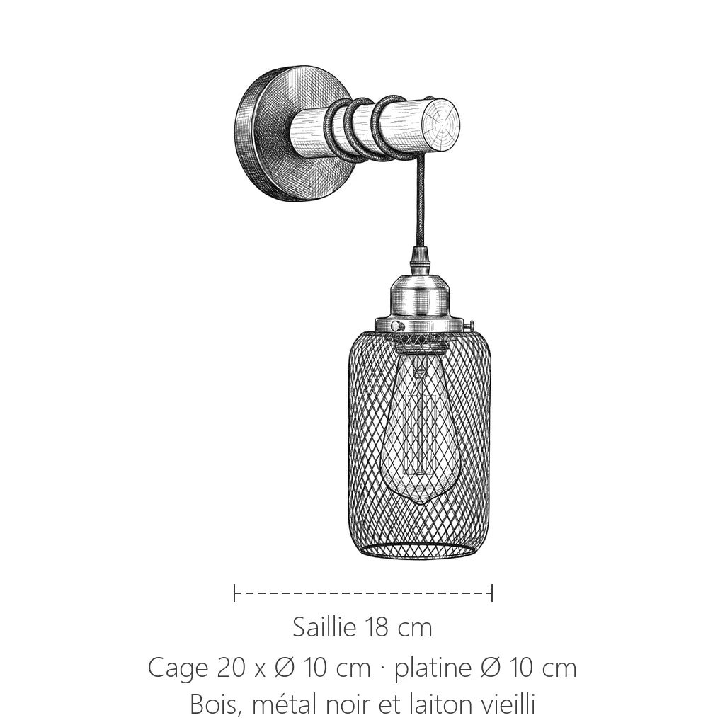 Dimensions de l'applique cage en maille et bras en bois : saillie 18 cm