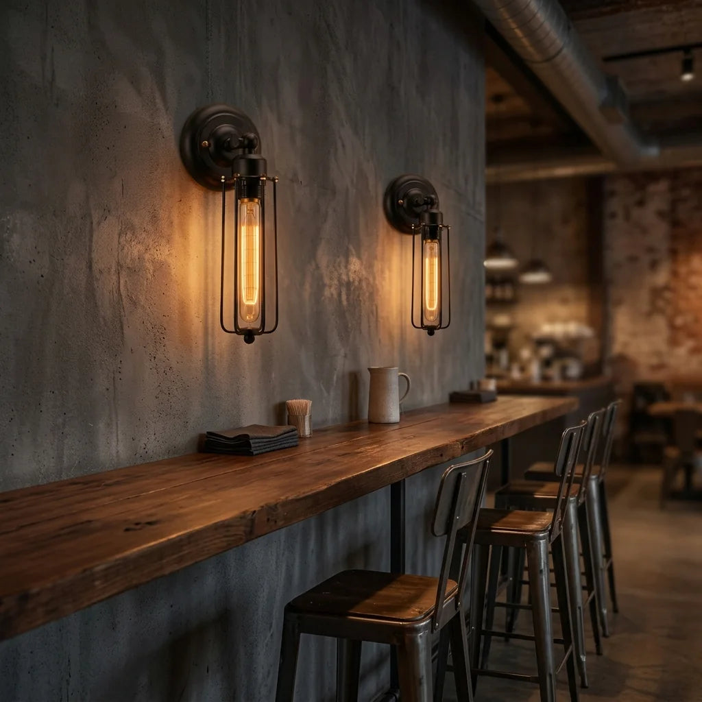 Deux appliques cage tube au-dessus d'un comptoir de bar en bois, mur béton