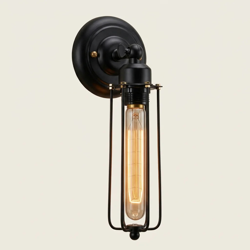 Applique murale cage tube étroite en fer noir avec ampoule tube, allumée